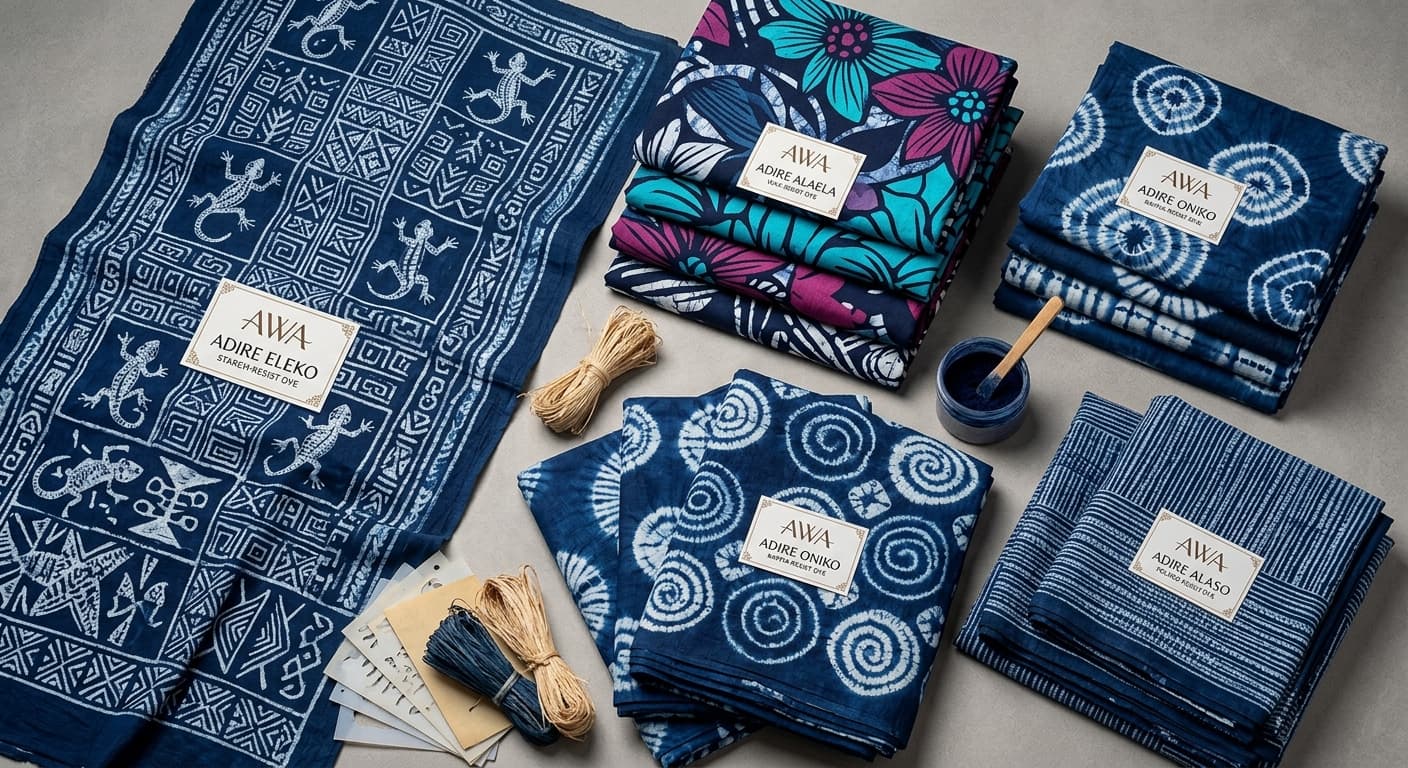 Folded indigo adire fabrics