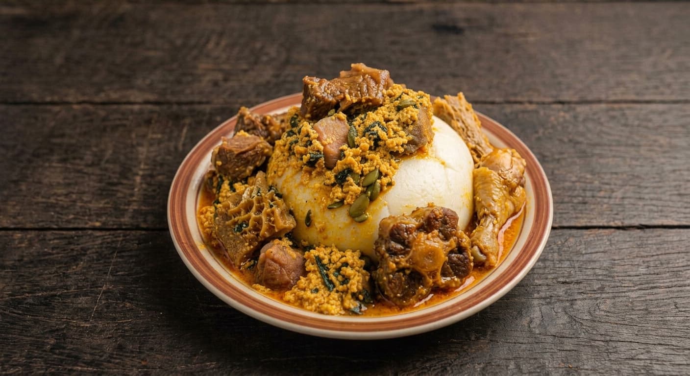 Plate of pounded yam with egusi soup and assorted meat