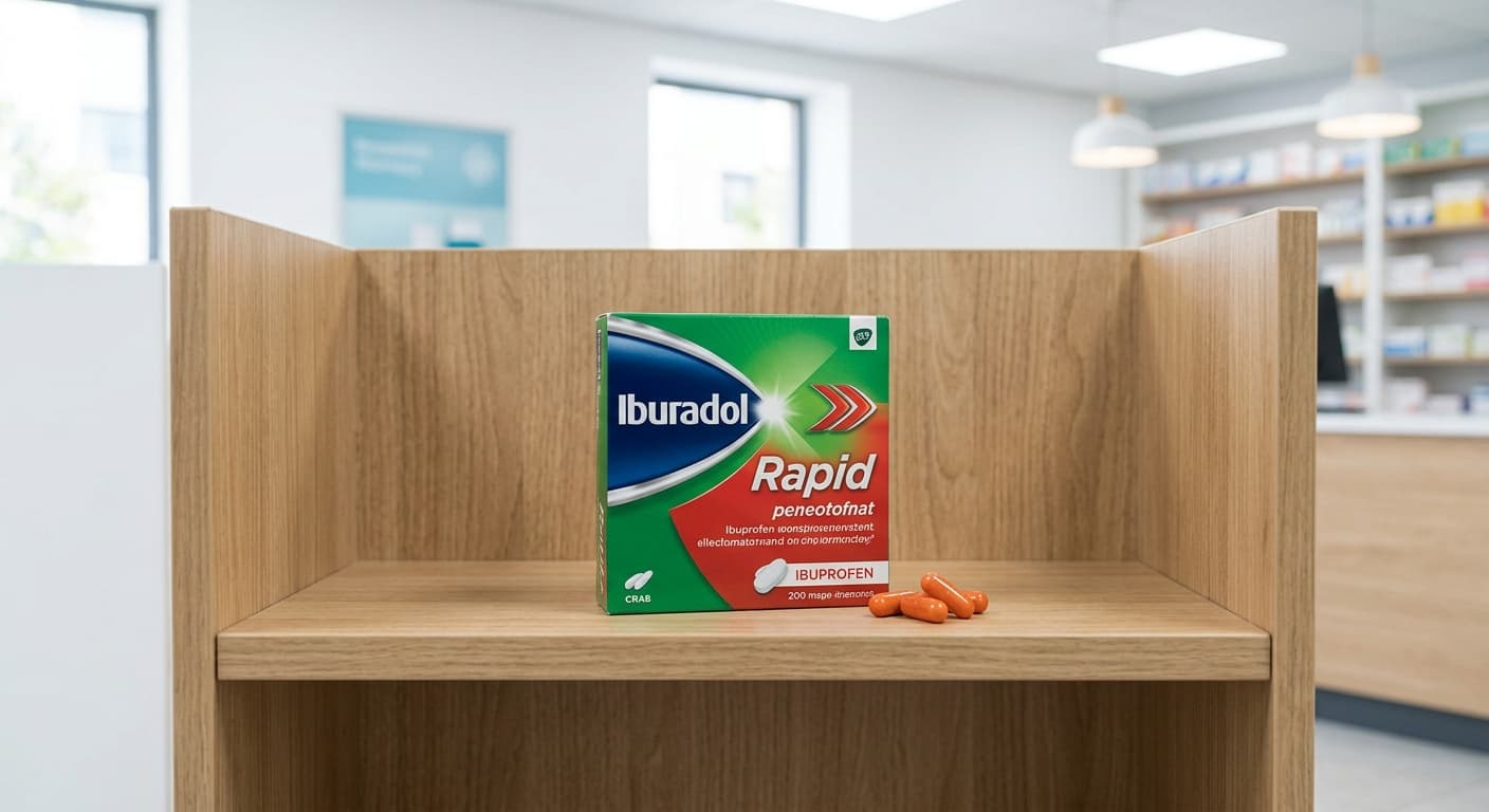 Pharmacy shelf with a pack of ibuprofen