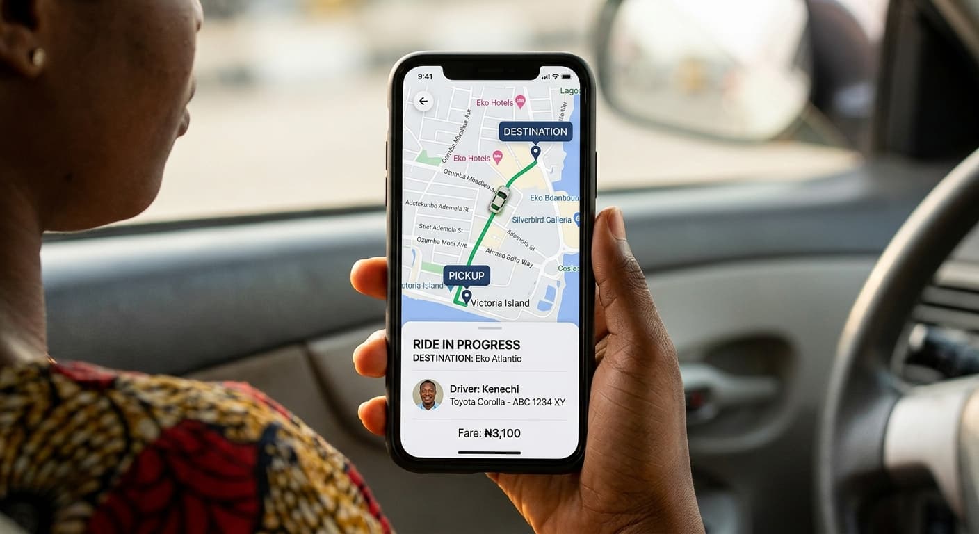 Phone showing a vehicle en route on a Lagos map