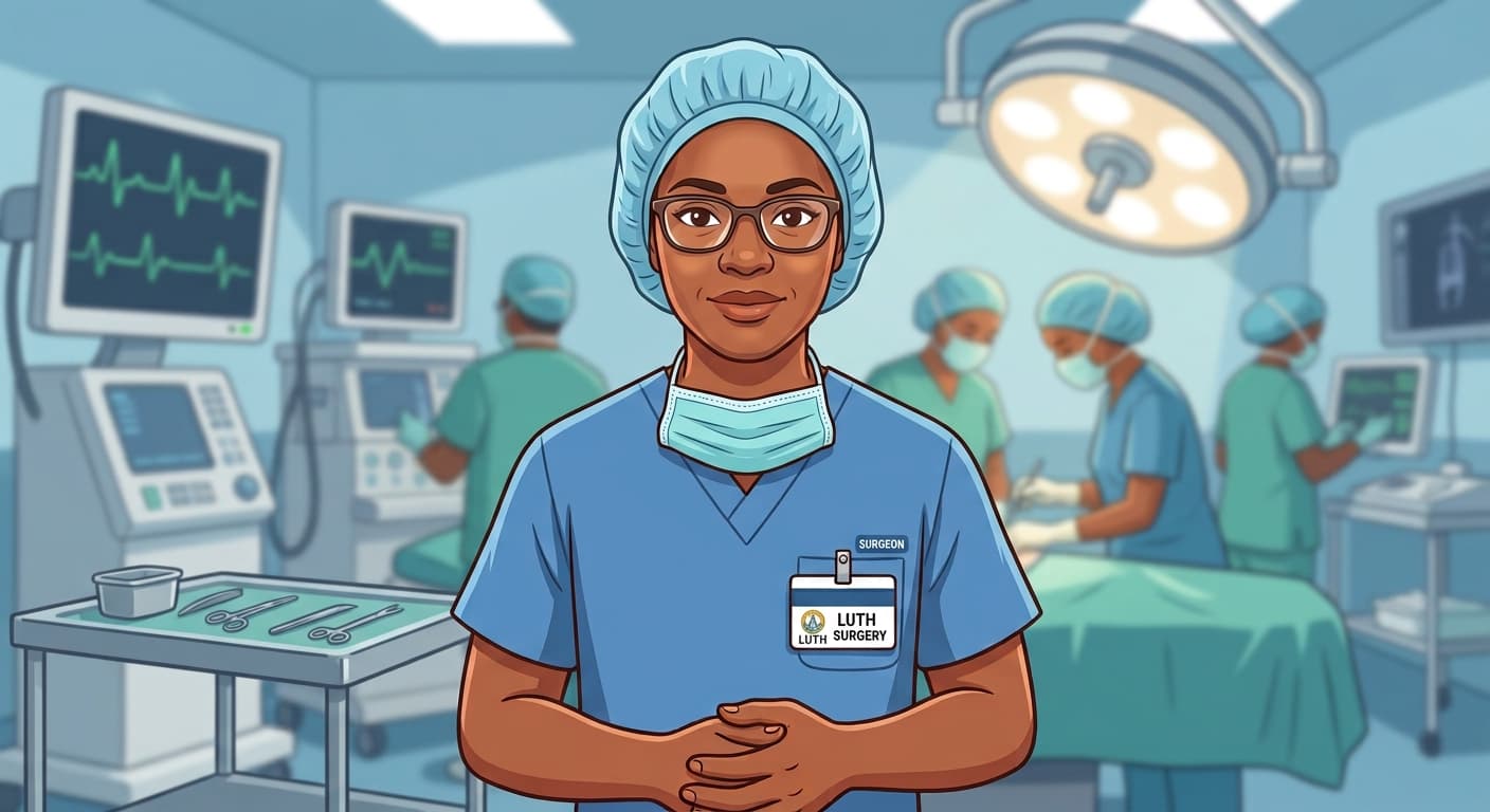 Femi, a practitioner in surgical scrubs