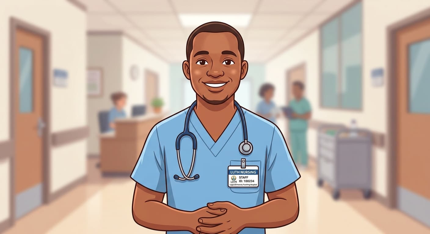 Aminu, a practitioner in scrubs with a stethoscope